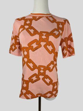 C/MEO Collective Chain Print Crew Neck Top Size S Peach & Orange Short Sleeve